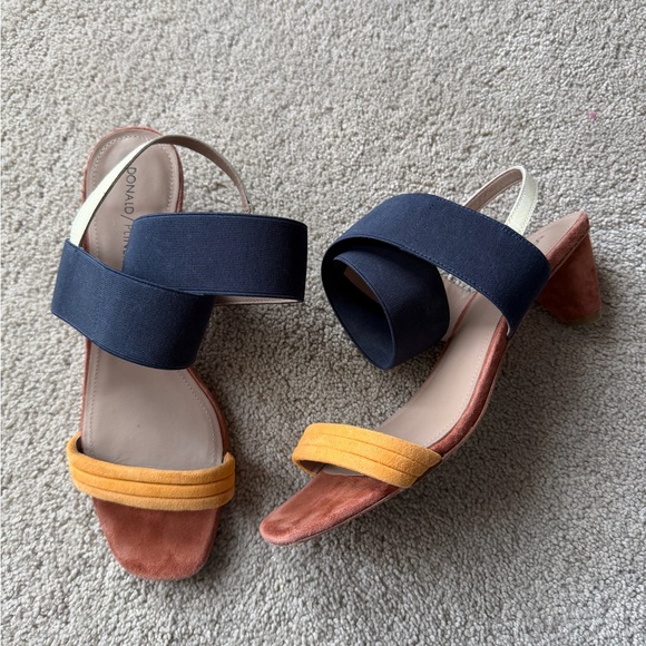 Donald Pliner Colorblock Block Sandals Navy Mustard Suede Slingback Heel size 9 - Picture 3 of 10